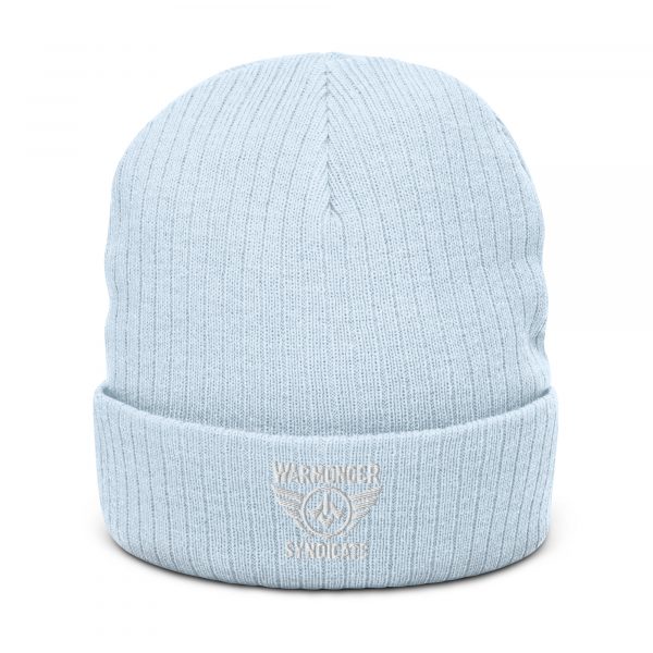 White Embroidered Brand Logo Beanie | Ribbed