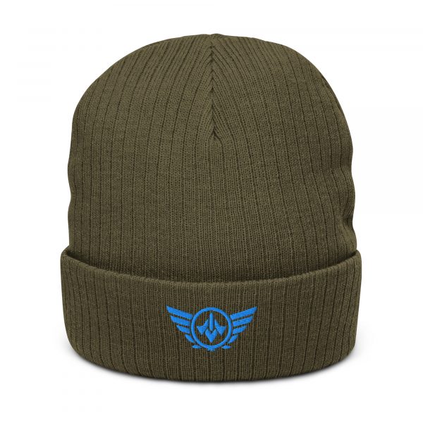 ribbed-knit-beanie-olive-front-68b8e7dfa7a7c.jpg Aqua Embroidered Logo Beanie | Ribbed