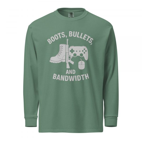 unisex-garment-dyed-heavyweight-long-sleeve-shirt-light-green-front-68b688fe01d70.jpg Boots, Bullets, and Bandwidth Long Sleeve | Premium Heavyweight | S-XL