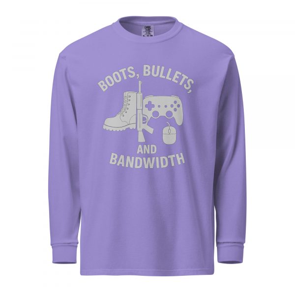 unisex-garment-dyed-heavyweight-long-sleeve-shirt-violet-front-68b688fe03393.jpg Boots, Bullets, and Bandwidth Long Sleeve | Premium Heavyweight | S-XL