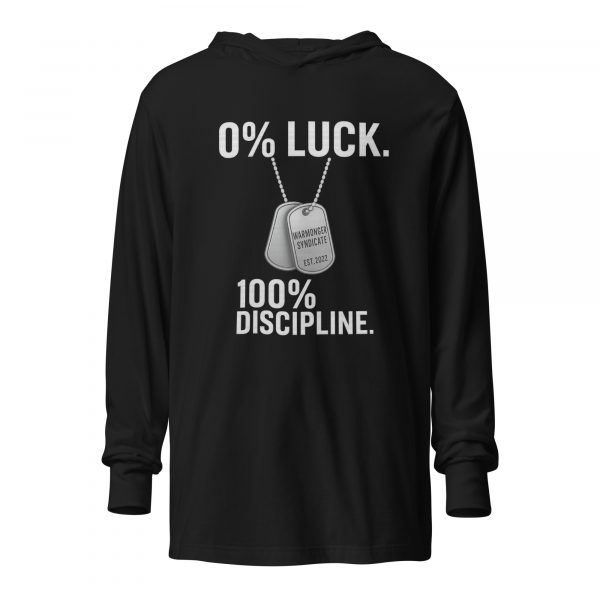 unisex-hooded-long-sleeve-tee-black-front-68b6856279545.jpg 0% Luck 100% Discipline Hooded Long Sleeve | Premium Lightweight | S-XL