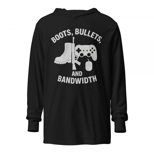 unisex-hooded-long-sleeve-tee-black-front-68b68671a9180.jpg Boots, Bullets, and Bandwidth Hooded Long Sleeve | Premium Lightweight | S-XL
