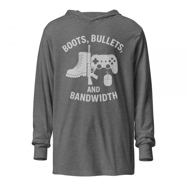unisex-hooded-long-sleeve-tee-grey-triblend-front-68b68671aa189.jpg Boots, Bullets, and Bandwidth Hooded Long Sleeve | Premium Lightweight | S-XL