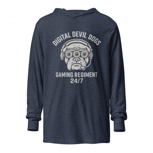 unisex-hooded-long-sleeve-tee-heather-navy-front-68b687356b7c0.jpg Digital Devil Dogs Hooded Long Sleeve | Premium Lightweight | S-XL