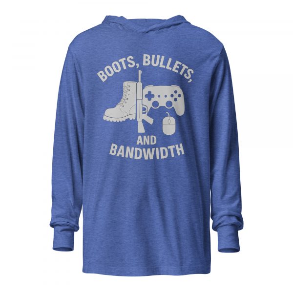 unisex-hooded-long-sleeve-tee-heather-true-royal-front-68b68671aabad.jpg Boots, Bullets, and Bandwidth Hooded Long Sleeve | Premium Lightweight | S-XL