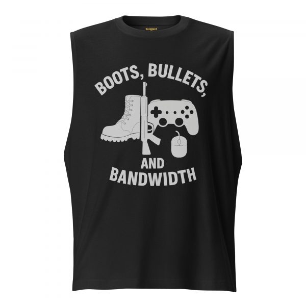 unisex-muscle-shirt-black-front-68c1714a37b63.jpg Boots, Bullets, and Bandwidth Muscle Shirt | Select | 2X