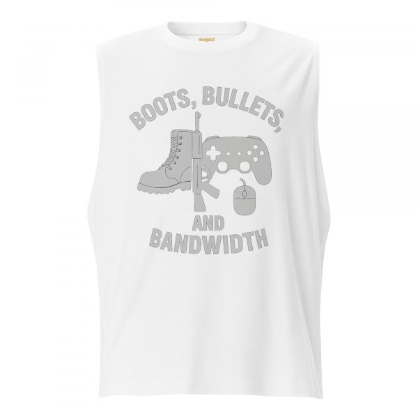 unisex-muscle-shirt-white-front-68c1714a38b7c.jpg Boots, Bullets, and Bandwidth Muscle Shirt | Select | 2X