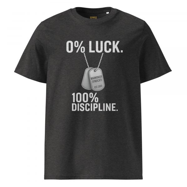 unisex-organic-cotton-t-shirt-dark-heather-grey-front-68b54d71adef1.jpg 0% Luck 100% Discipline Tee | Organic | S-XL