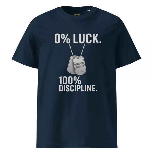 unisex-organic-cotton-t-shirt-french-navy-front-68b54d71ab7fe.jpg 0% Luck 100% Discipline Tee | Organic | S-XL