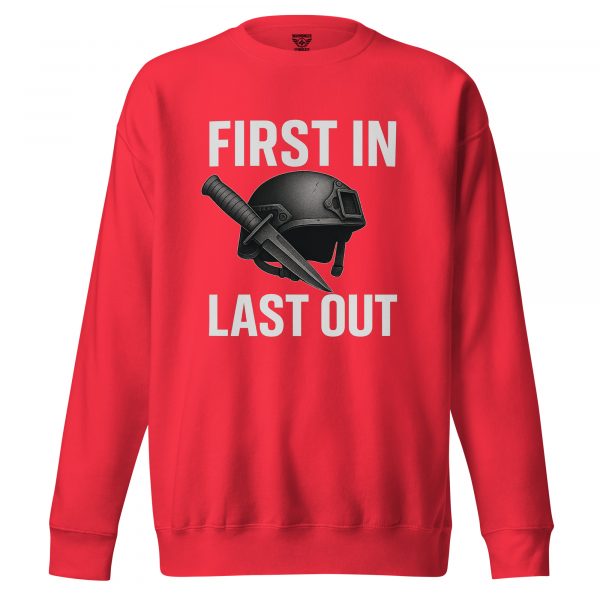 unisex-premium-sweatshirt-team-red-front-68c3458bb9267.jpg First In Last Out Crewneck | Premium | 2-3X
