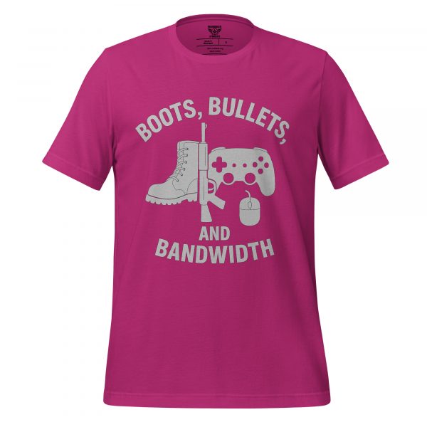 unisex-staple-t-shirt-berry-front-68b5452956503.jpg Boots, Bullets, and Bandwidth Tee | Select | S-XL