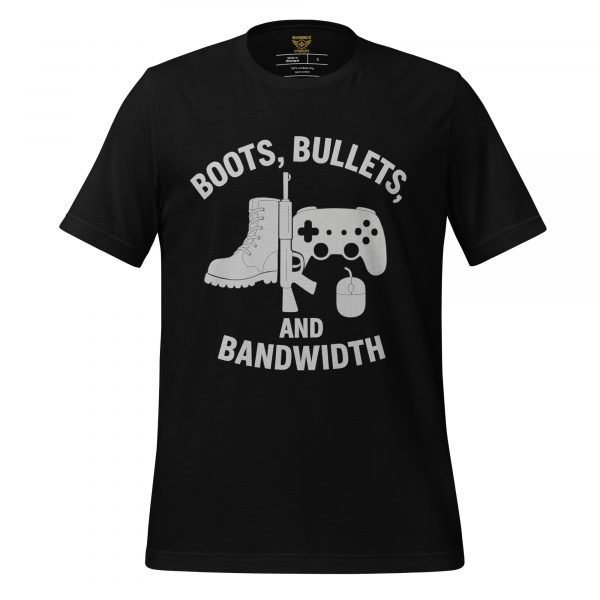 unisex-staple-t-shirt-black-front-68b54528e00f0.jpg Boots, Bullets, and Bandwidth Tee | Select | S-XL