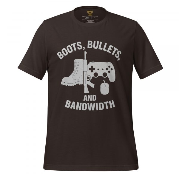 unisex-staple-t-shirt-brown-front-68b54529064b5.jpg Boots, Bullets, and Bandwidth Tee | Select | S-XL