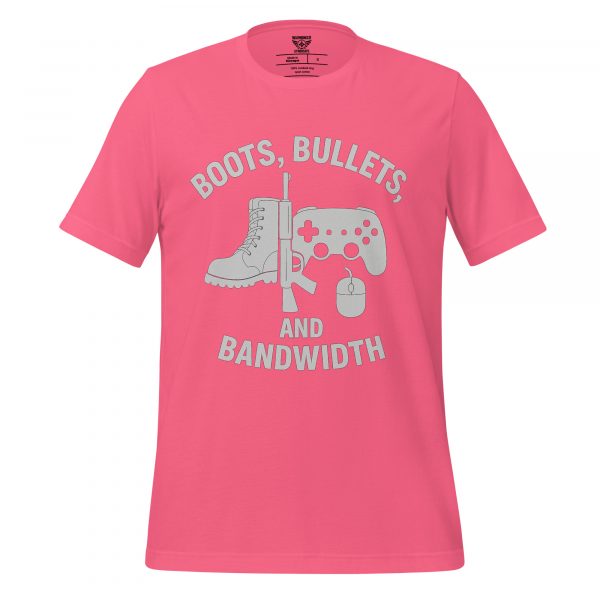 unisex-staple-t-shirt-charity-pink-front-68b5452a2034b.jpg Boots, Bullets, and Bandwidth Tee | Select | S-XL