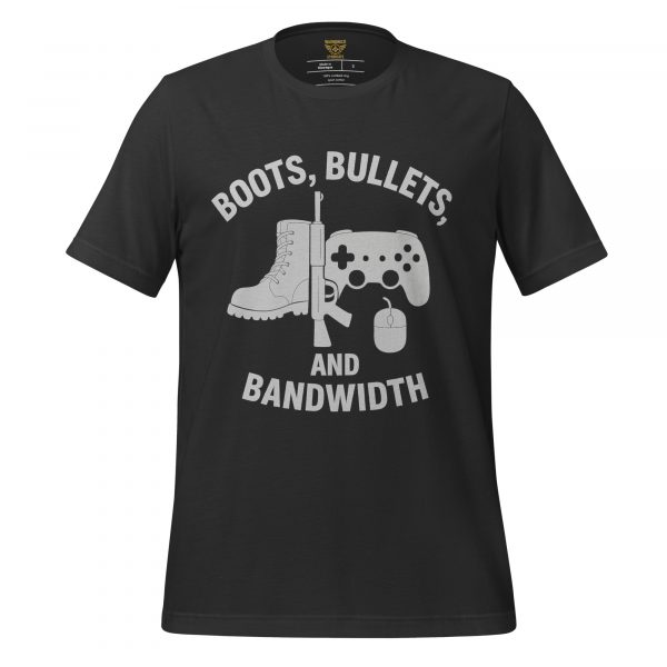 unisex-staple-t-shirt-dark-grey-front-68b5452911404.jpg Boots, Bullets, and Bandwidth Tee | Select | S-XL
