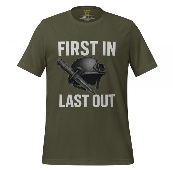 unisex-staple-t-shirt-military-green-front-68b547f807ce6.jpg First In Last Out Tee | Select | S-XL