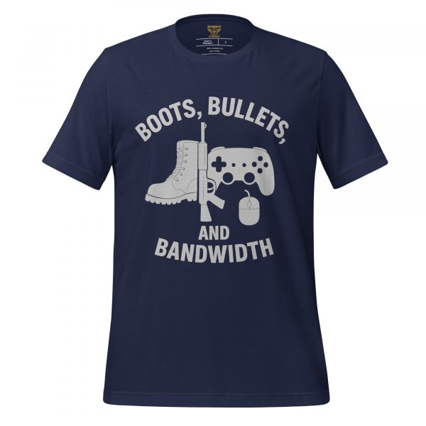 unisex-staple-t-shirt-navy-front-68b54528e9a0e.jpg Boots, Bullets, and Bandwidth Tee | Select | S-XL
