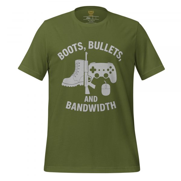 unisex-staple-t-shirt-olive-front-68b545297b6aa.jpg Boots, Bullets, and Bandwidth Tee | Select | S-XL
