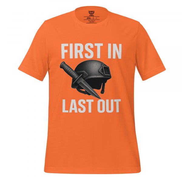 unisex-staple-t-shirt-orange-front-68b547f90f18d.jpg First In Last Out Tee | Select | S-XL