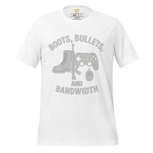 unisex-staple-t-shirt-white-front-68b5452af07b4.jpg Boots, Bullets, and Bandwidth Tee | Select | S-XL