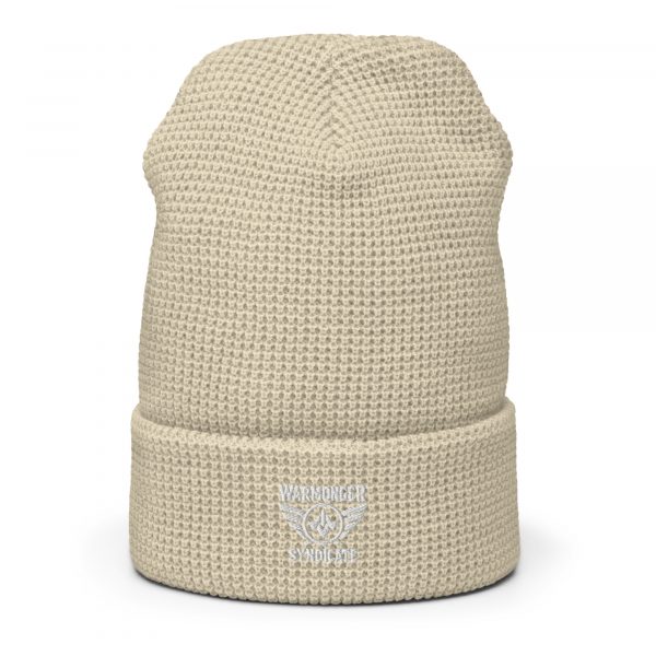 White Embroidered Brand Logo Beanie | Waffle