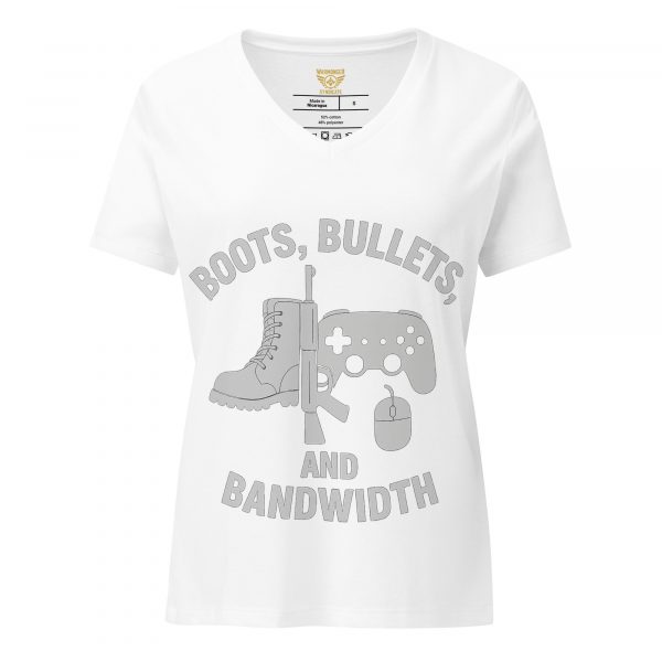 womens-relaxed-v-neck-t-shirt-solid-white-blend-front-68c38854dd44e.jpg Boots, Bullets, and Bandwidth Women's Relaxed V-Neck | Premium | S-2X