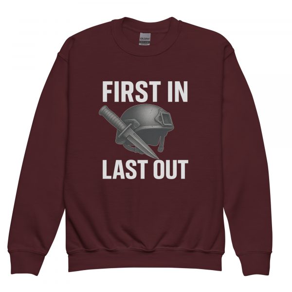 youth-crew-neck-sweatshirt-maroon-front-68bba002d81d0.jpg First In Last Out Crewneck | Youth Classic | XS-XL
