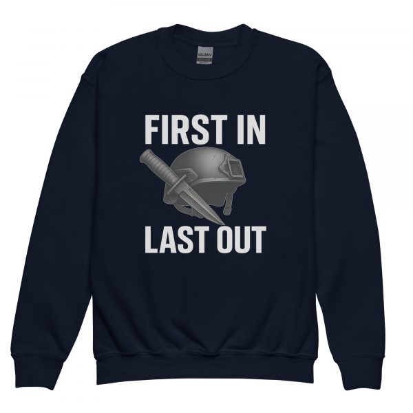 youth-crew-neck-sweatshirt-navy-front-68bba002d805a.jpg First In Last Out Crewneck | Youth Classic | XS-XL