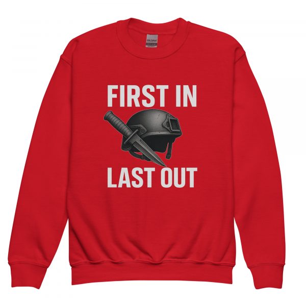 youth-crew-neck-sweatshirt-red-front-68bba002d839c.jpg First In Last Out Crewneck | Youth Classic | XS-XL